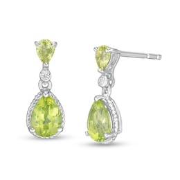 Pear-Shaped Peridot and White Lab-Created Sapphire Rope Frame Drop Earrings in Sterling Silver