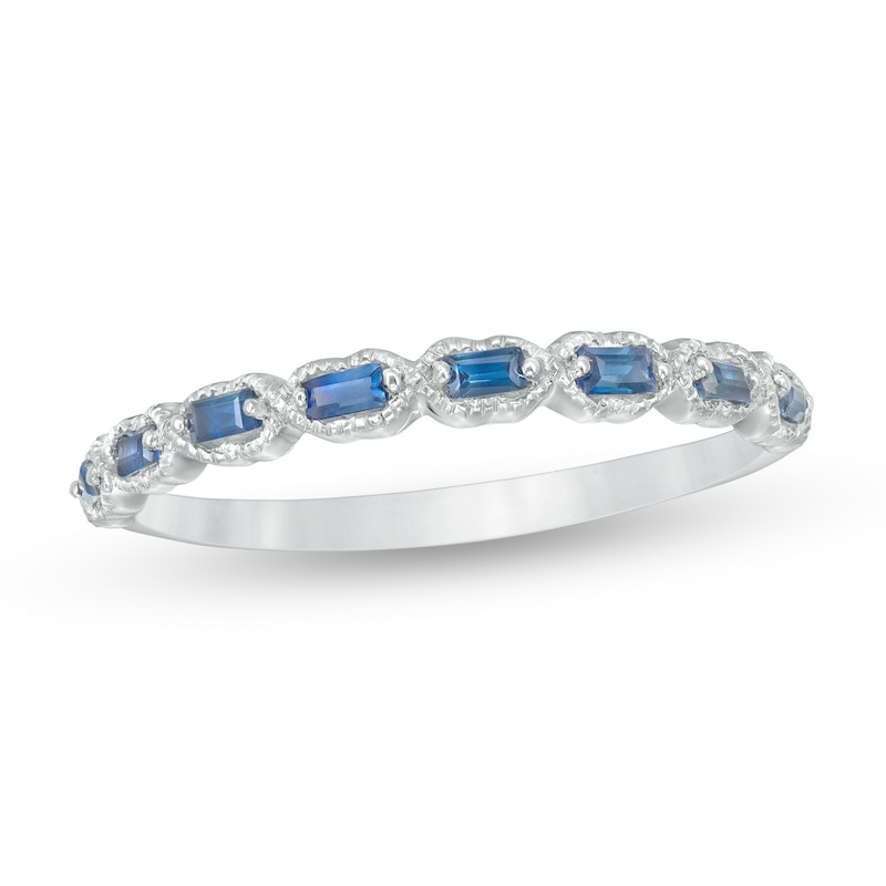 Main Image 1 of Sideways Baguette Blue Sapphire "X" Vintage-Style Ring in 10K White Gold