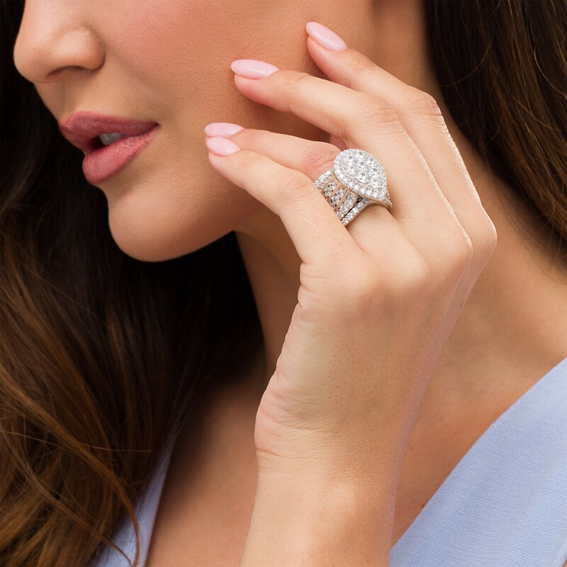 Main Image 2 of 7 CT. T.W. Pear-Shaped Multi-Diamond Frame Multi-Row Three Piece Bridal Set in 14K White Gold