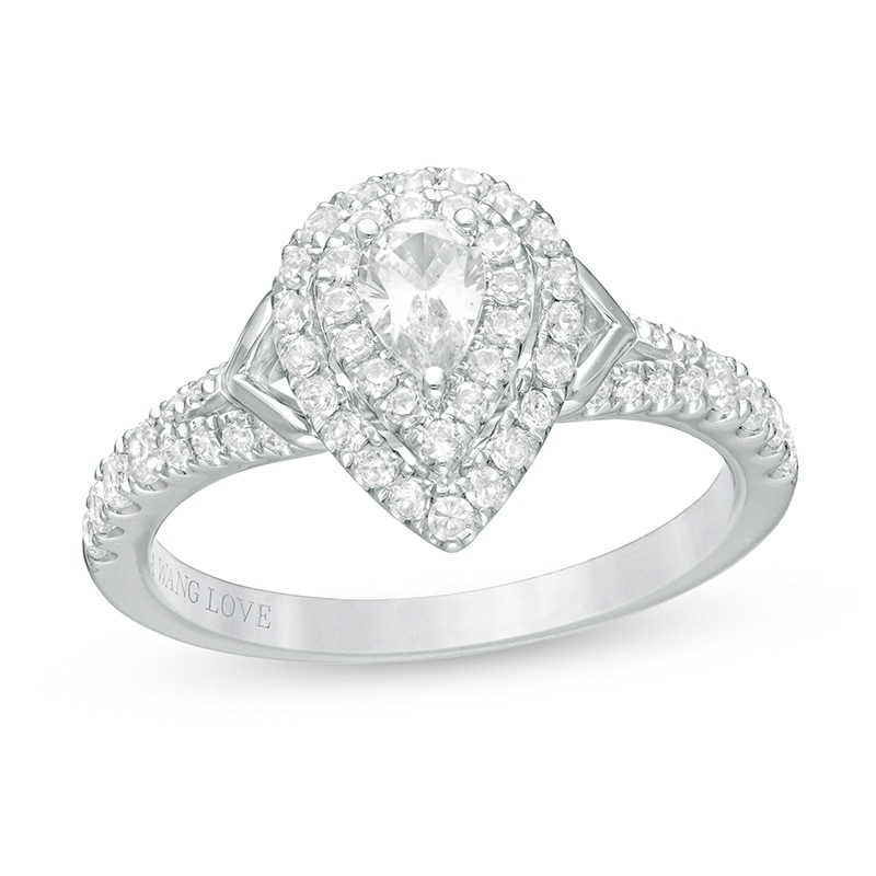 Main Image 1 of Vera Wang Love Collection 3/4 CT. T.W. Pear-Shaped Diamond Double Frame Split Shank Engagement Ring in 14K White Gold