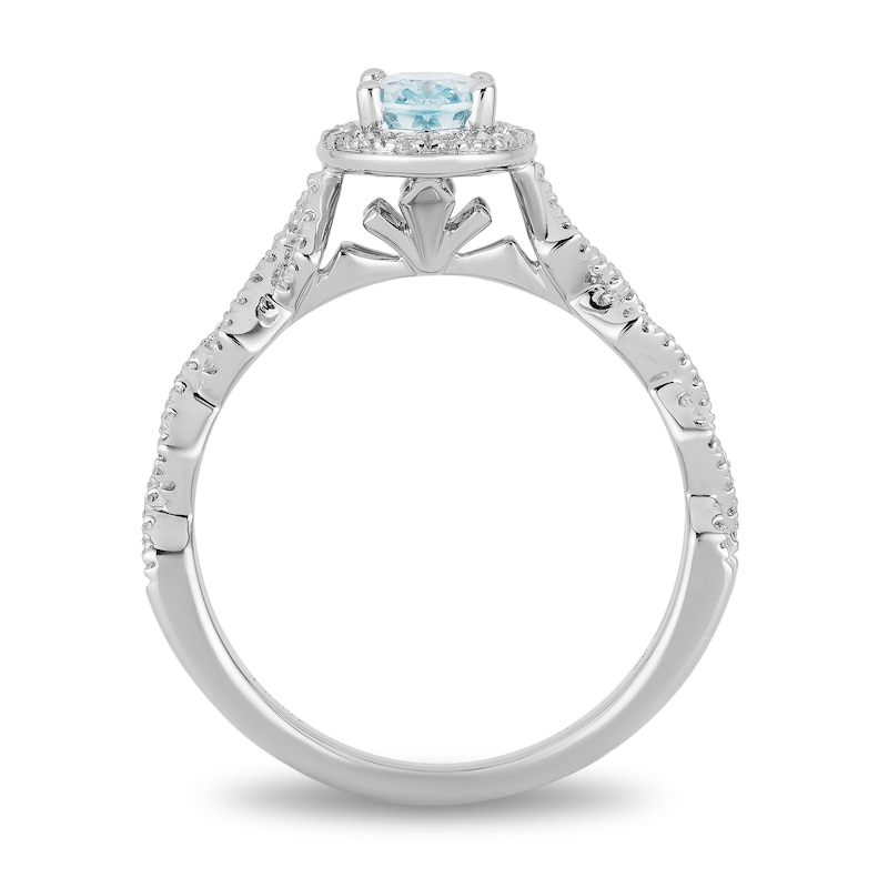 Main Image 4 of Enchanted Disney Elsa Oval Aquamarine and 1/4 CT. T.W. Diamond Frame Twist Shank Engagement Ring in 14K White Gold