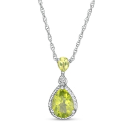 Pear-Shaped Peridot and White Lab-Created Sapphire Rope Frame Drop Pendant in Sterling Silver