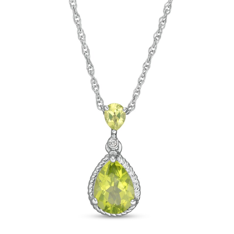 Main Image 1 of Pear-Shaped Peridot and White Lab-Created Sapphire Rope Frame Drop Pendant in Sterling Silver