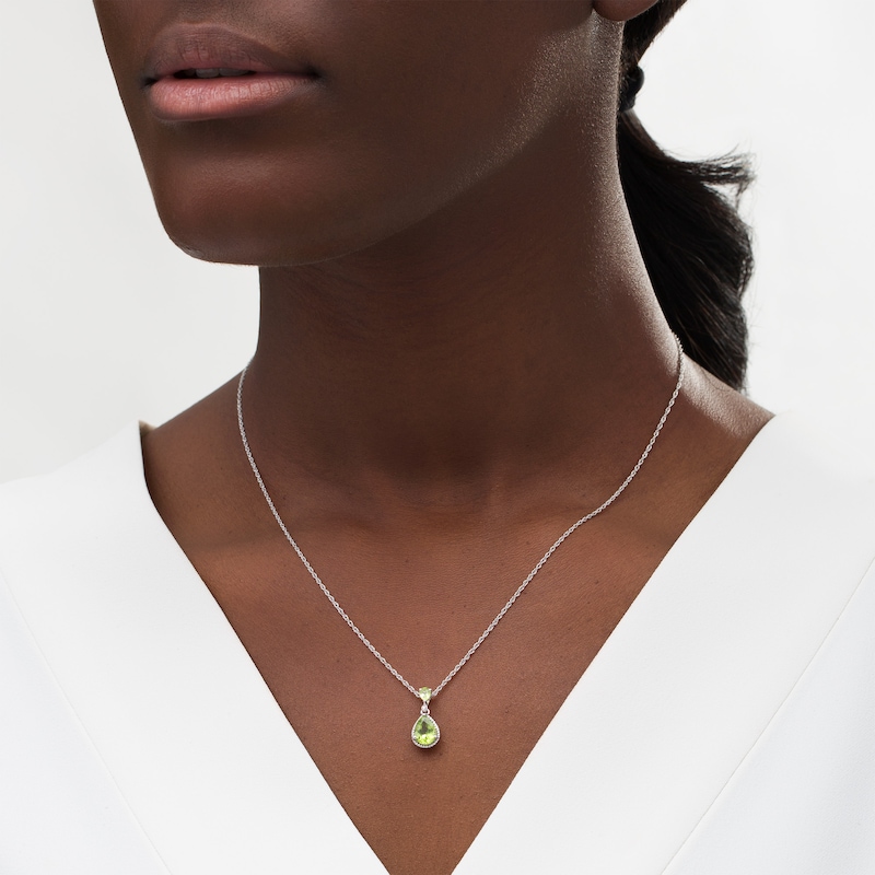 Main Image 2 of Pear-Shaped Peridot and White Lab-Created Sapphire Rope Frame Drop Pendant in Sterling Silver