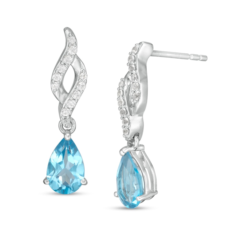 Pear-Shaped Swiss Blue Topaz and White Lab-Created Sapphire Open Flame Drop Earrings in Sterling Silver