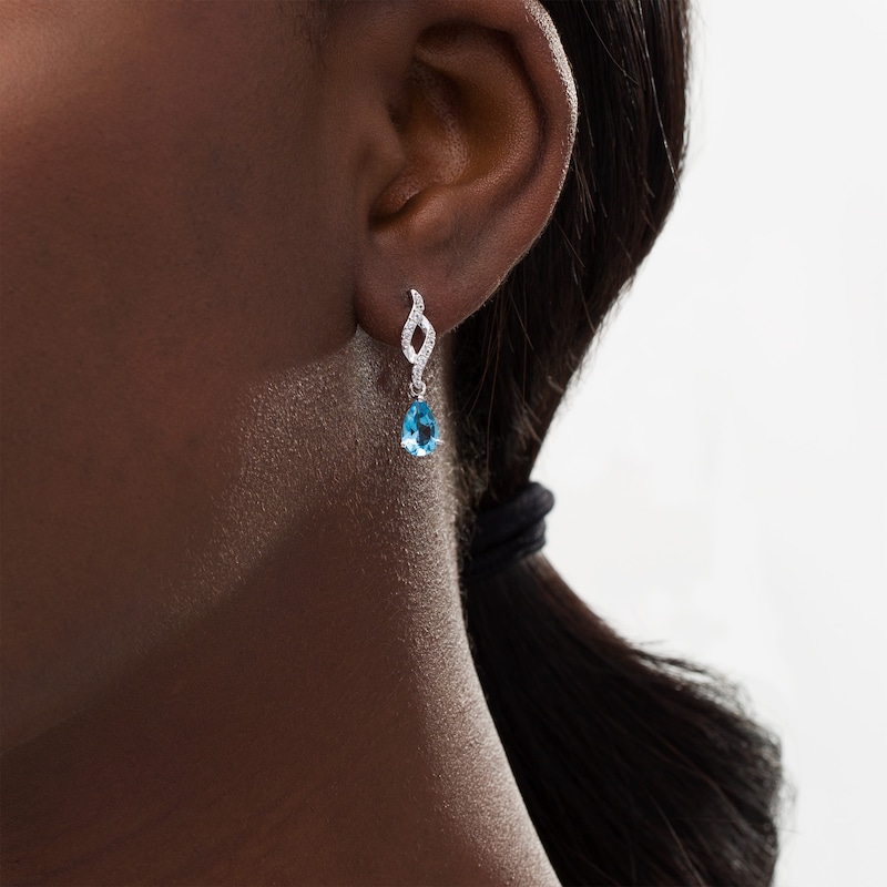 Pear-Shaped Swiss Blue Topaz and White Lab-Created Sapphire Open Flame Drop Earrings in Sterling Silver