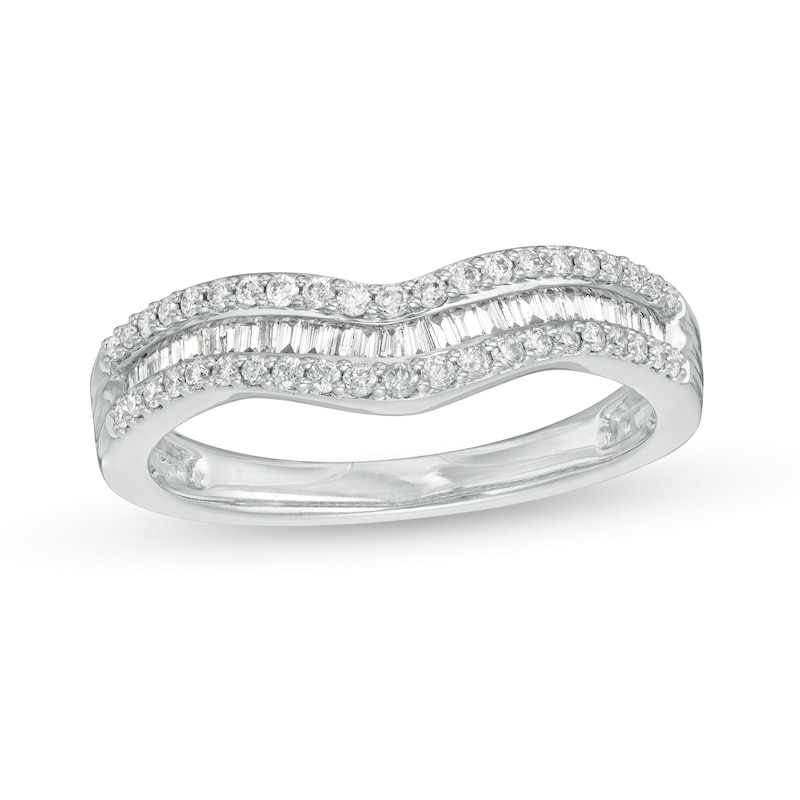 1/3 CT. T.W. Baguette and Round Diamond Contour Anniversary Band in 14K White Gold