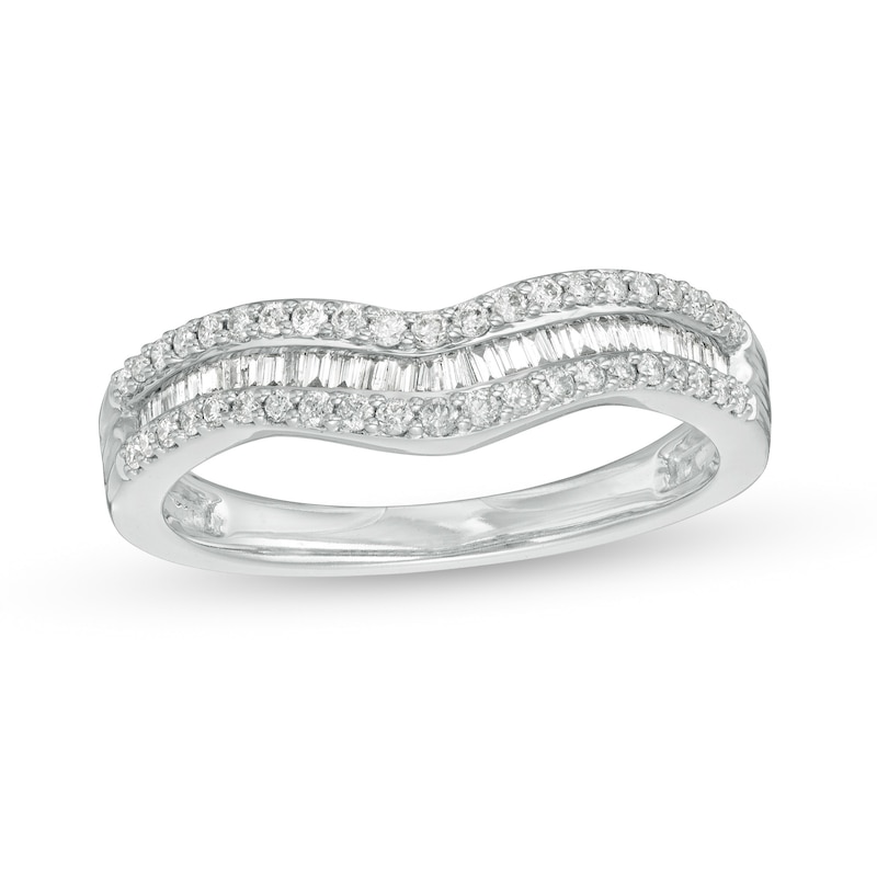 Main Image 1 of 1/3 CT. T.W. Baguette and Round Diamond Contour Anniversary Band in 14K White Gold