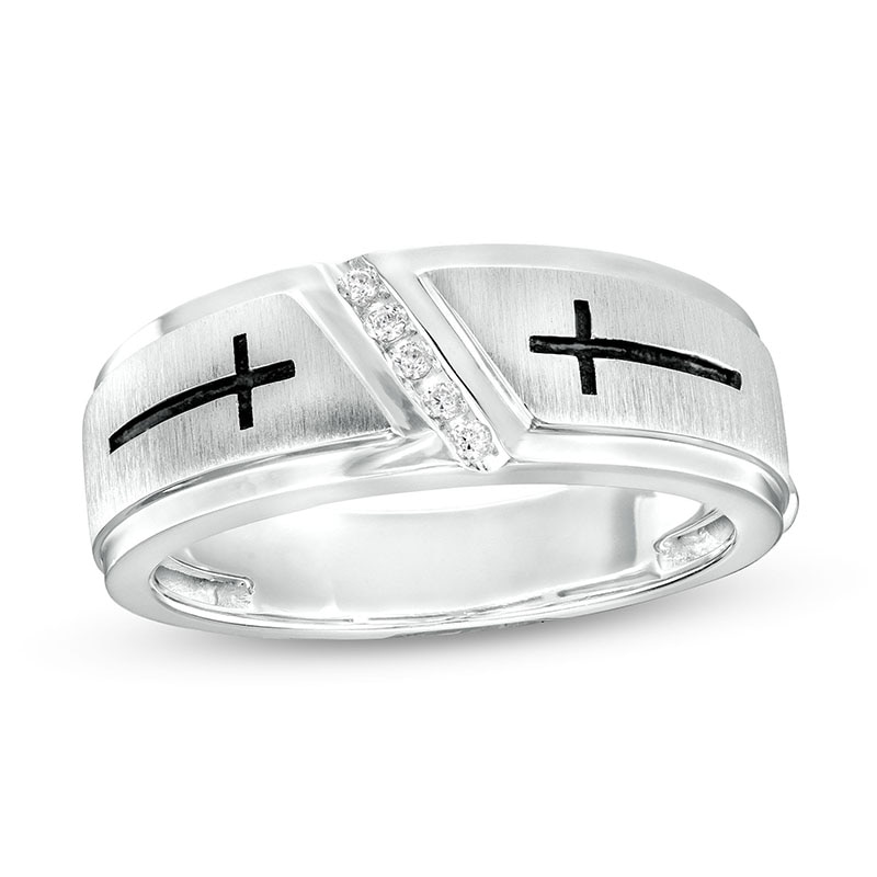 Main Image 1 of Men's 1/20 CT. T.W. Diamond Five Stone Slant Antique-Finish Double Cross Wedding Band in 10K White Gold