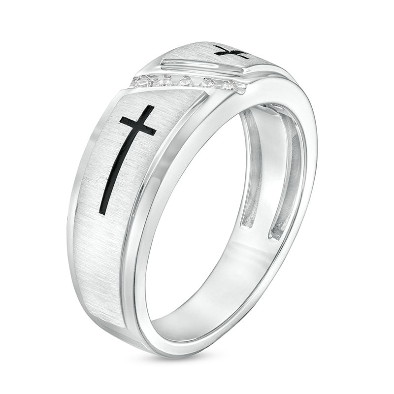 Main Image 3 of Men's 1/20 CT. T.W. Diamond Five Stone Slant Antique-Finish Double Cross Wedding Band in 10K White Gold