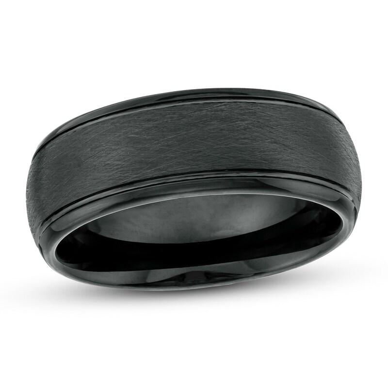 Main Image 1 of Men's 8.0mm Satin-Finished Inlay Dome Wedding Band in Tungsten with Black IP