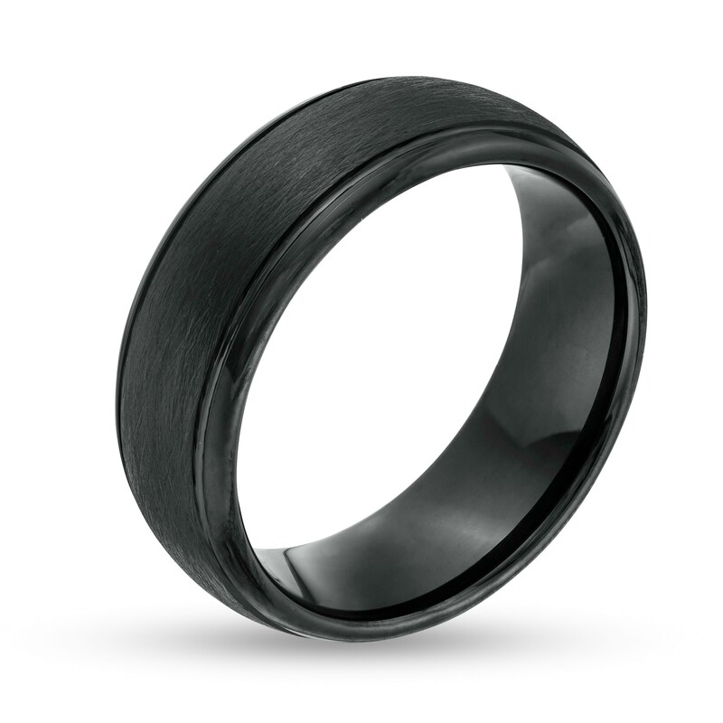 Main Image 2 of Men's 8.0mm Satin-Finished Inlay Dome Wedding Band in Tungsten with Black IP
