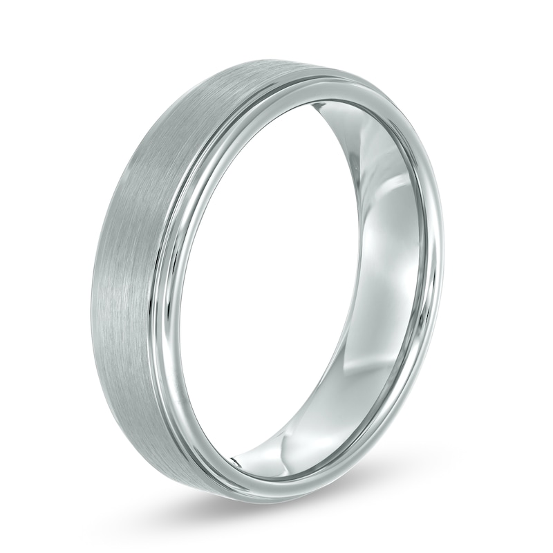 Main Image 3 of 6.0mm Brushed Inlay Stepped Edge Engravable Wedding Band in Grey Tungsten (1 Line)