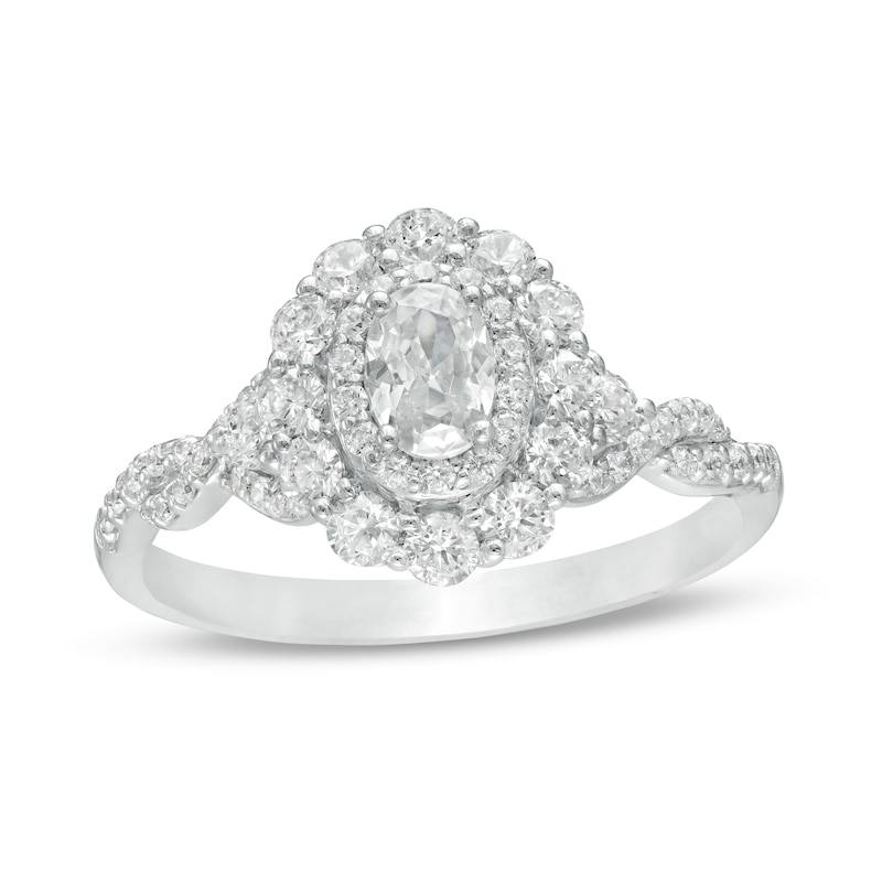 Main Image 1 of 1 CT. T.W. Oval Diamond Scallop Frame Twist Shank Engagement Ring in 14K White Gold