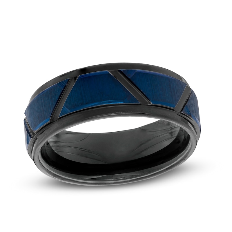 Main Image 1 of Men's 8.0mm Geometric Pattern Wedding Band in Black and Blue IP Tantalum - Size 10