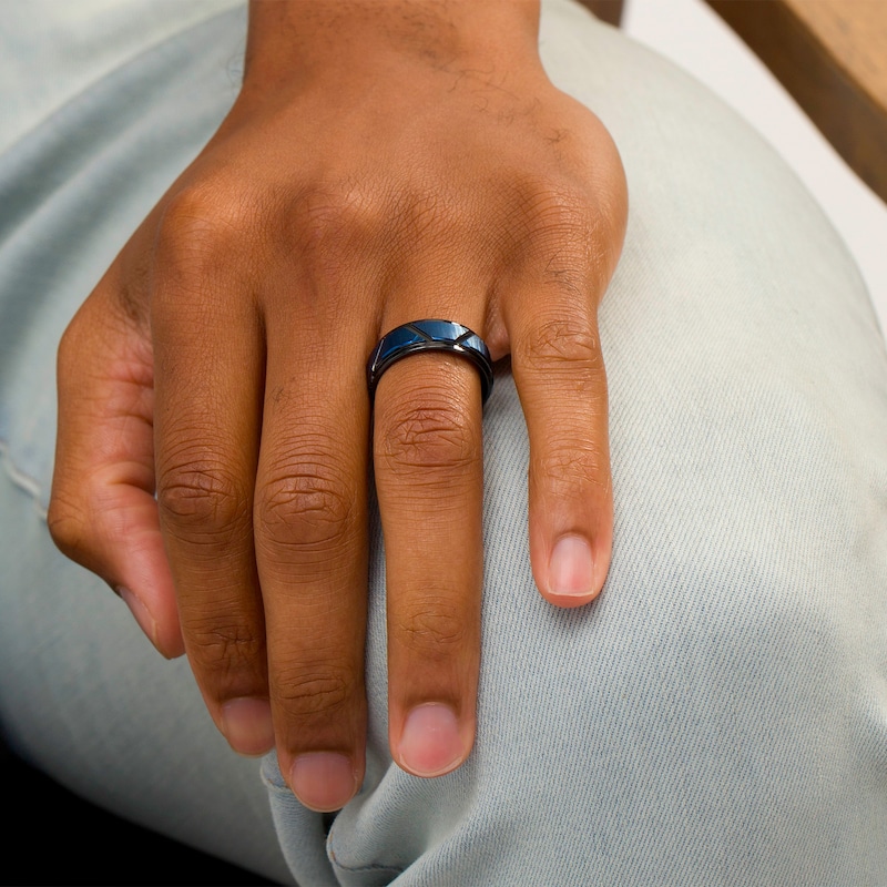 Main Image 2 of Men's 8.0mm Geometric Pattern Wedding Band in Black and Blue IP Tantalum - Size 10