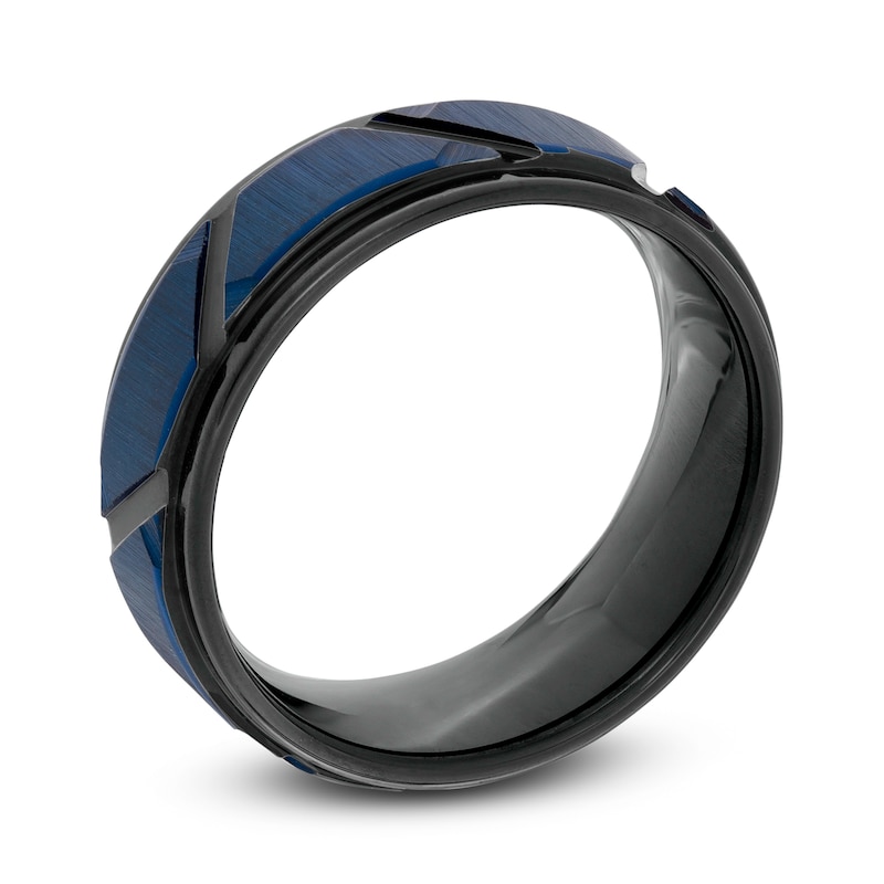 Main Image 3 of Men's 8.0mm Geometric Pattern Wedding Band in Black and Blue IP Tantalum - Size 10