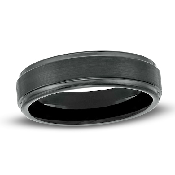 Men's 6.0mm Multi-Finish Stepped Edge Engravable Wedding Band in Tungsten with Black IP (1 Line)
