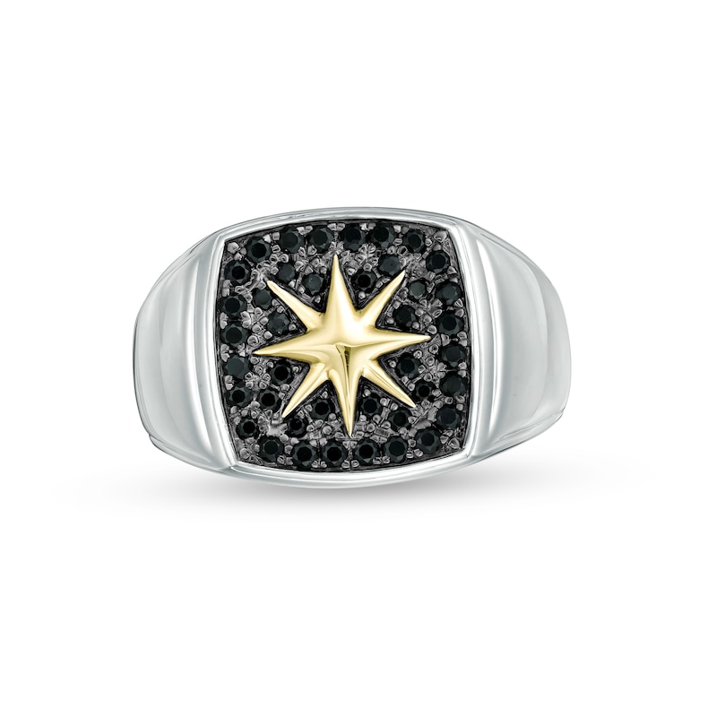 EFFY™ Collection Men's Black Sapphire Cushion Top Signet Ring in Sterling Silver and 14K Gold