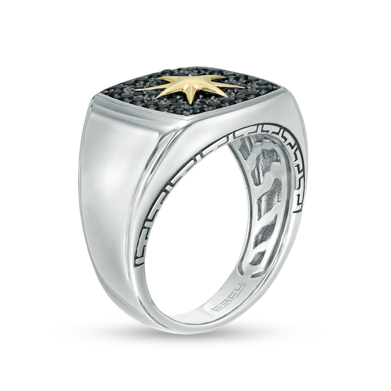EFFY™ Collection Men's Black Sapphire Cushion Top Signet Ring in Sterling Silver and 14K Gold