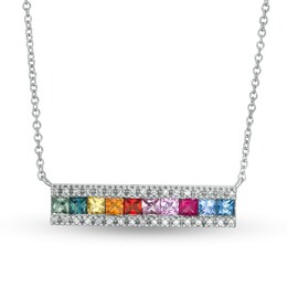 EFFY™ Collection Princess-Cut Multi-Color Sapphire and 1/8 CT. T.W. Diamond Bar Necklace in 14K White Gold