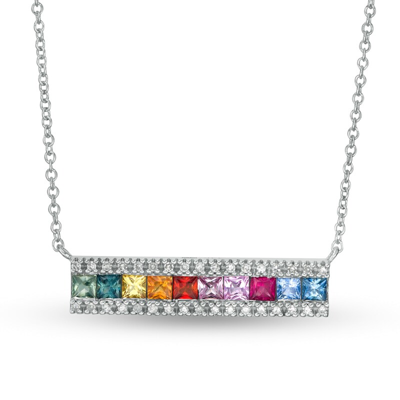 Main Image 1 of EFFY™ Collection Princess-Cut Multi-Color Sapphire and 1/8 CT. T.W. Diamond Bar Necklace in 14K White Gold