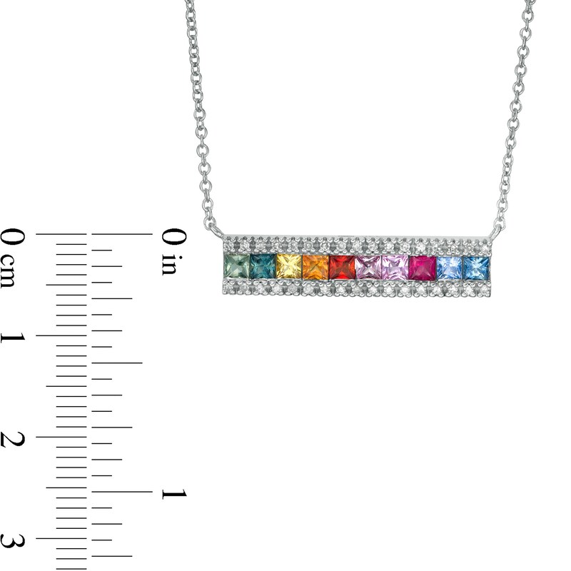 Main Image 2 of EFFY™ Collection Princess-Cut Multi-Color Sapphire and 1/8 CT. T.W. Diamond Bar Necklace in 14K White Gold