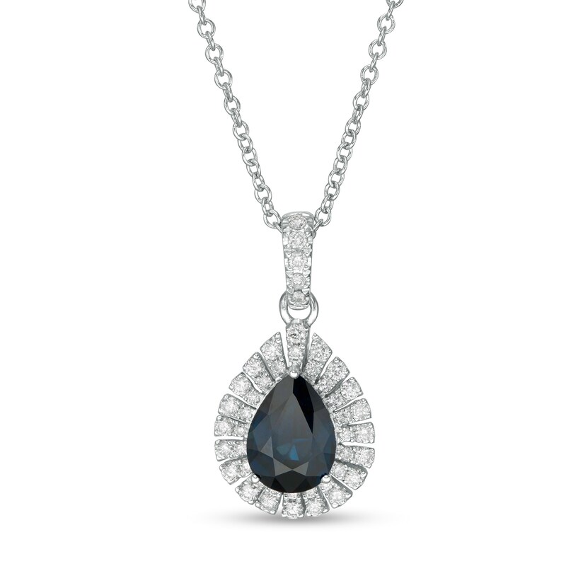 Main Image 1 of EFFY™ Collection Pear-Shaped Blue Sapphire and 1/4 CT. T.W. Diamond Frame Pendant in 14K White Gold
