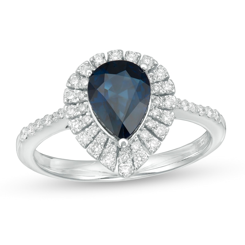 EFFY™ Collection Pear-Shaped Blue Sapphire and 1/4 CT. T.W. Diamond Frame Ring in 14K White Gold