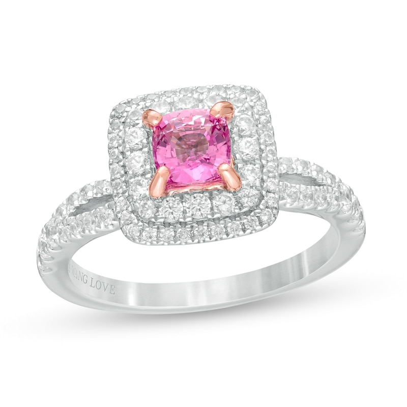Main Image 1 of Vera Wang Love Collection Certified Cushion-Cut Sapphire and 3/4 CT. T.W. Diamond Engagement Ring in 14K White Gold