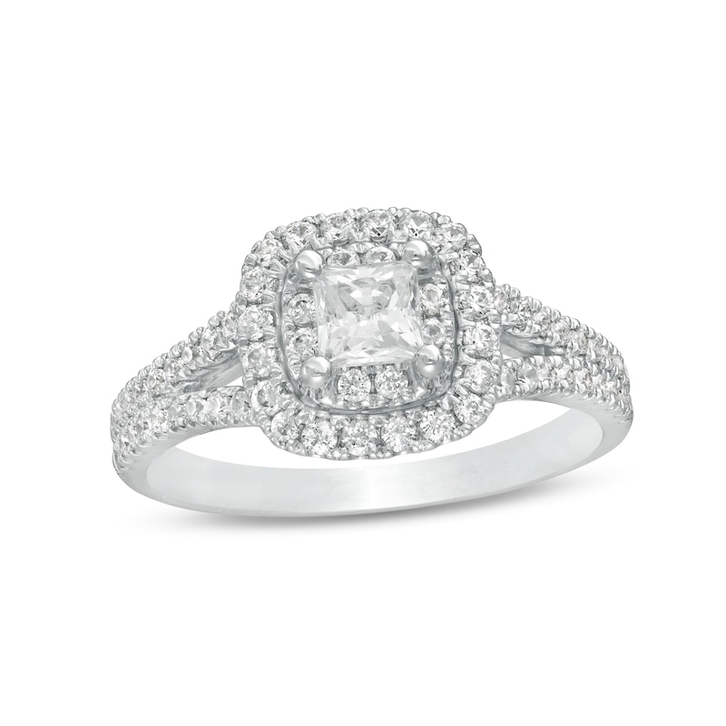 Main Image 1 of 1 CT. T.W. Princess-Cut Diamond Cushion Frame Split Shank Engagement Ring in 14K White Gold
