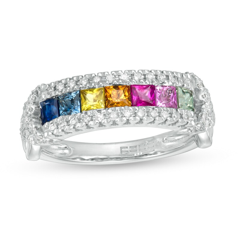 Main Image 1 of EFFY™ Collection Princess-Cut Multi-Color Sapphire and 1/4 CT. T.W. Diamond Bar Ring in 14K White Gold