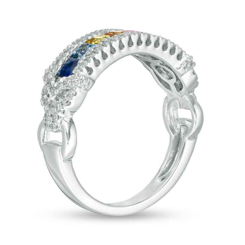 EFFY™ Collection Princess-Cut Multi-Color Sapphire and 1/4 CT. T.W. Diamond Bar Ring in 14K White Gold