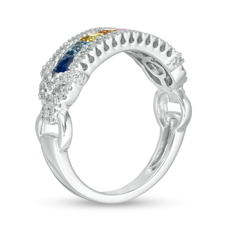 Main Image 2 of EFFY™ Collection Princess-Cut Multi-Color Sapphire and 1/4 CT. T.W. Diamond Bar Ring in 14K White Gold