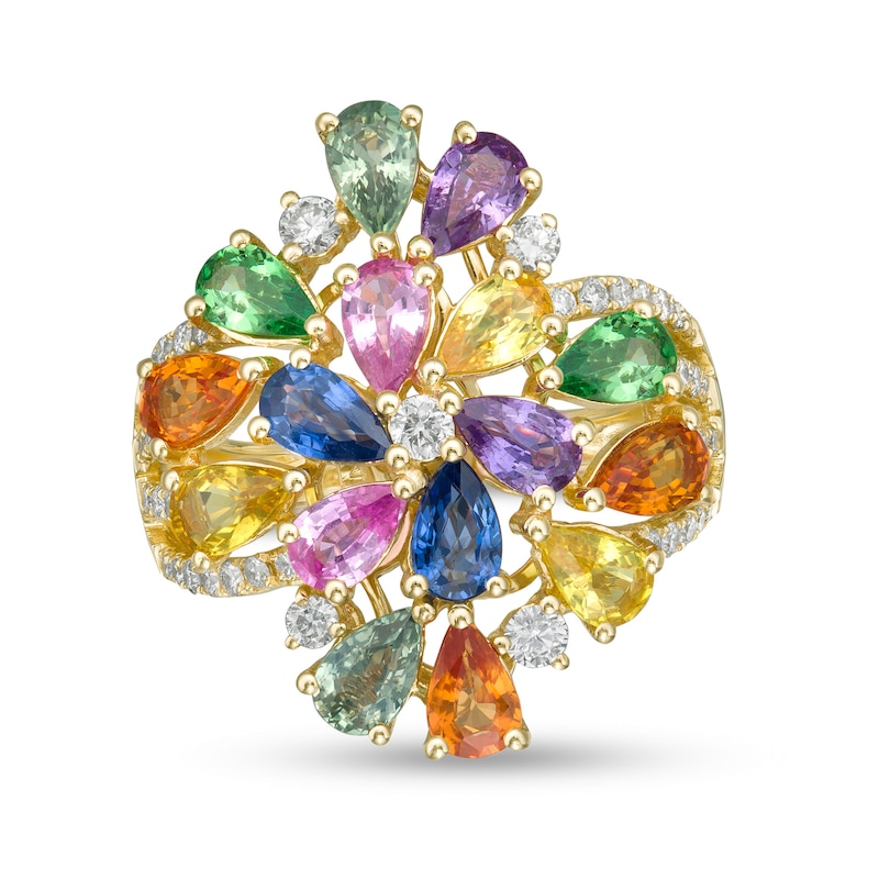 Main Image 1 of EFFY™ Collection Pear-Shaped Multi-Gemstone and 3/8 CT. T.W. Diamond Floral Cluster Split Shank Ring in 14K Gold