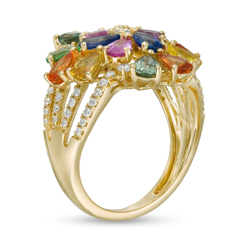 Main Image 2 of EFFY™ Collection Pear-Shaped Multi-Gemstone and 3/8 CT. T.W. Diamond Floral Cluster Split Shank Ring in 14K Gold