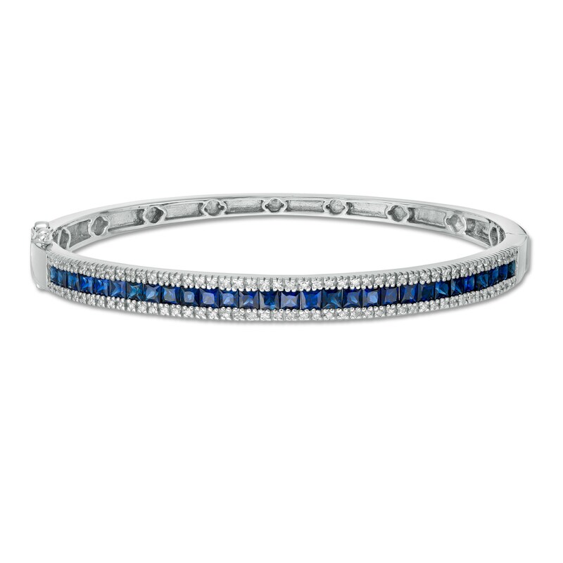 Main Image 1 of EFFY™ Collection Princess-Cut Blue Sapphire and 3/8 CT. T.W. Diamond Three Row Bangle Bracelet in 14K White Gold