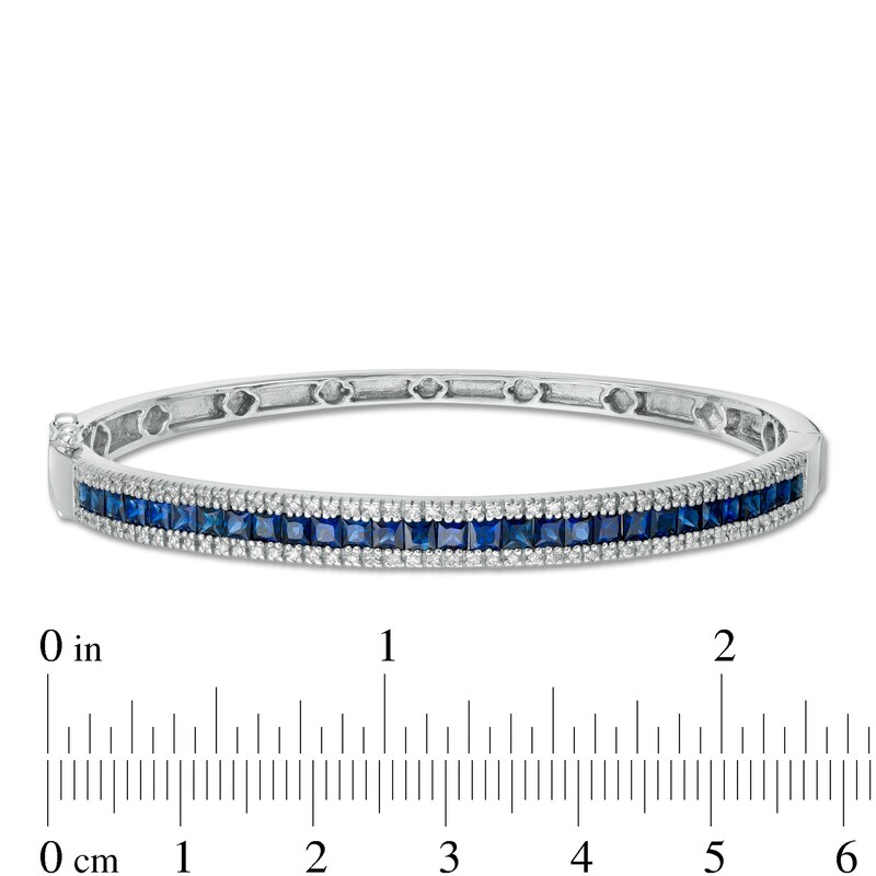 Main Image 2 of EFFY™ Collection Princess-Cut Blue Sapphire and 3/8 CT. T.W. Diamond Three Row Bangle Bracelet in 14K White Gold