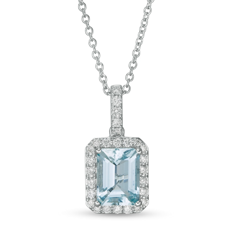 Main Image 1 of EFFY™ Collection Emerald-Cut Aquamarine and 1/5 CT. T.W. Diamond Frame Pendant in 14K White Gold