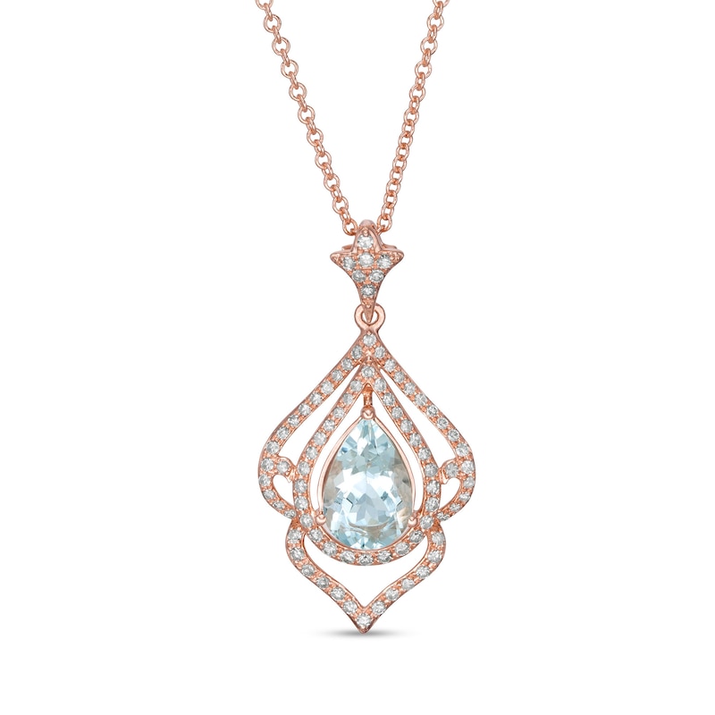 Main Image 1 of EFFY™ Collection Pear-Shaped Aquamarine and 1/4 CT. T.W. Diamond Frame Pendant in 14K Rose Gold