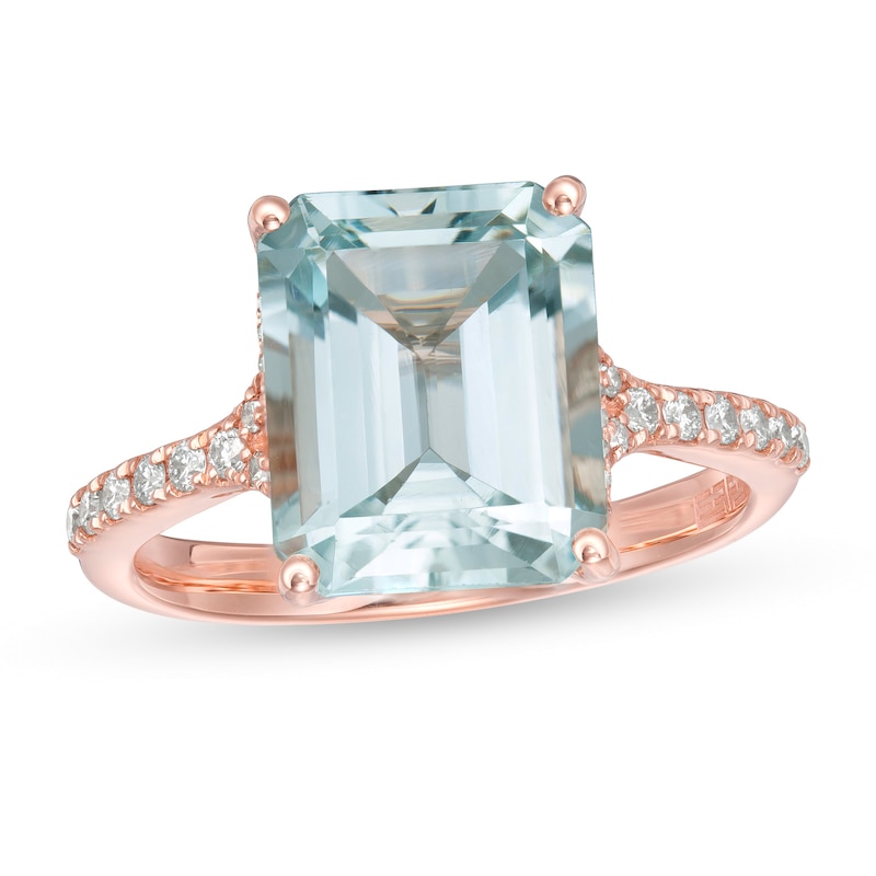 EFFY™ Collection Emerald-Cut Aquamarine and 1/5 CT. T.W. Diamond ring in 14K Rose Gold