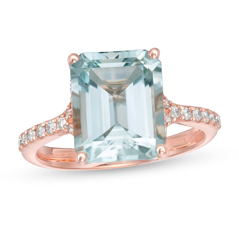 Main Image 1 of EFFY™ Collection Emerald-Cut Aquamarine and 1/5 CT. T.W. Diamond ring in 14K Rose Gold