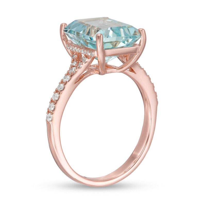 Main Image 2 of EFFY™ Collection Emerald-Cut Aquamarine and 1/5 CT. T.W. Diamond ring in 14K Rose Gold