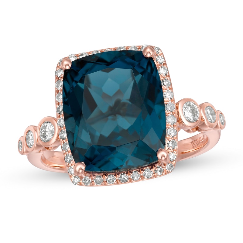 Main Image 1 of EFFY™ Collection Cushion-Cut London Blue Topaz and 1/3 CT. T.W. Diamond Ring in 14K Rose Gold
