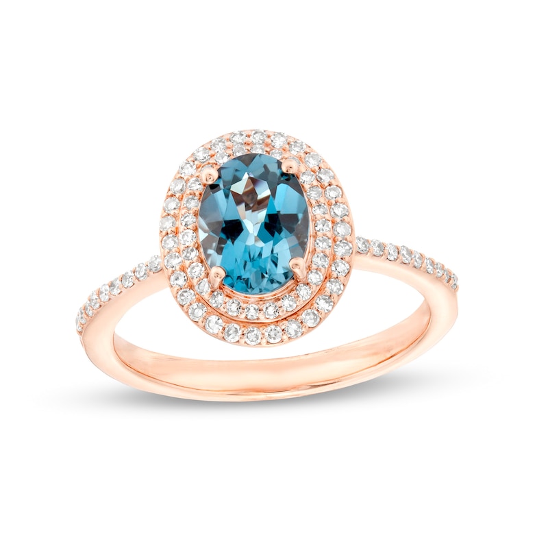 EFFY™ Collection Oval London Blue Topaz and 1/4 CT. T.W. Diamond Double Frame Ring in 14K Rose Gold