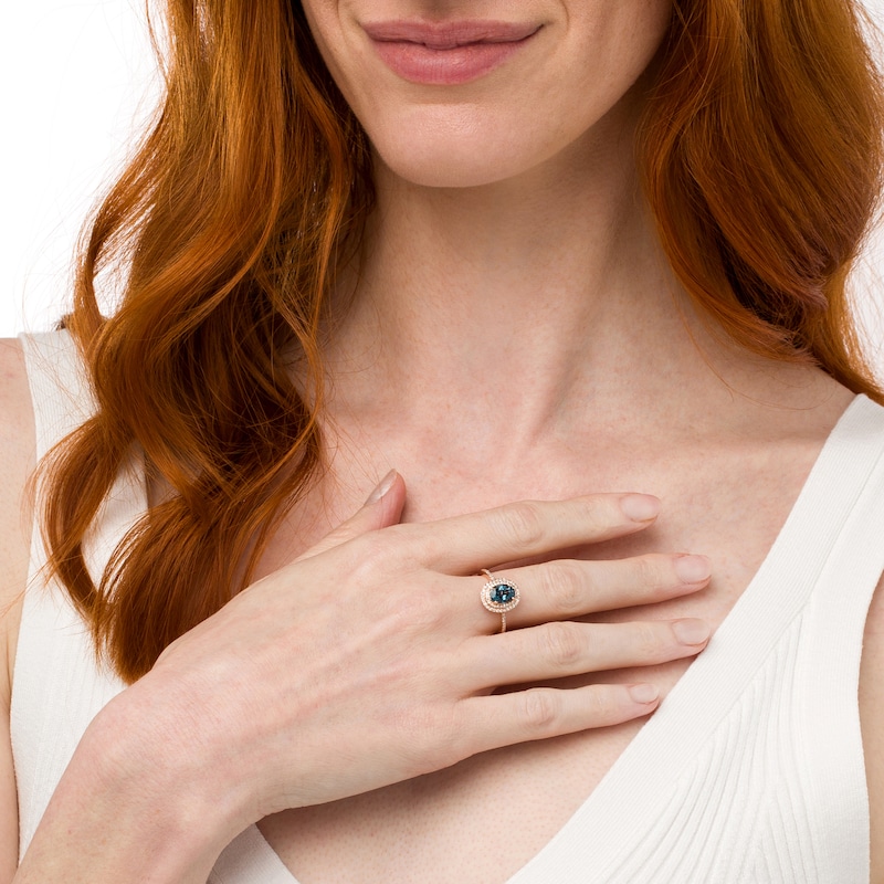 Main Image 2 of EFFY™ Collection Oval London Blue Topaz and 1/4 CT. T.W. Diamond Double Frame Ring in 14K Rose Gold