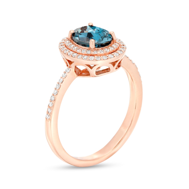 EFFY™ Collection Oval London Blue Topaz and 1/4 CT. T.W. Diamond Double Frame Ring in 14K Rose Gold