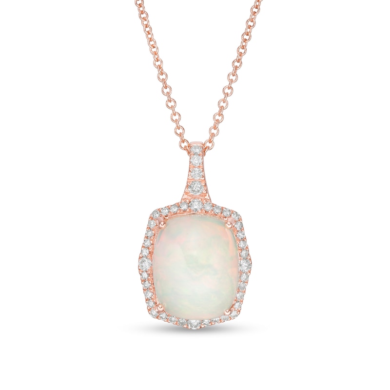 Main Image 1 of EFFY™ Collection Cushion-Shaped Opal and 1/4 CT. T.W. Diamond Frame Pendant in 14K Rose Gold