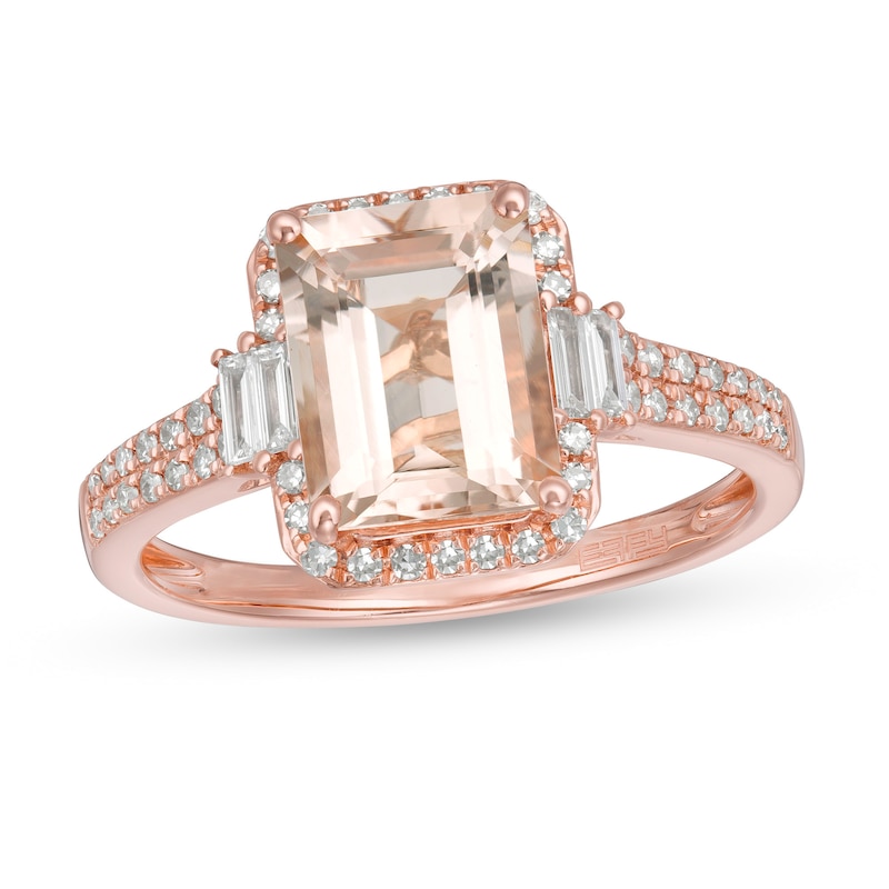 Main Image 1 of EFFY™ Collection Emerald-Cut Morganite and 1/4 CT. T.W. Diamond Frame Ring in 14K Rose Gold