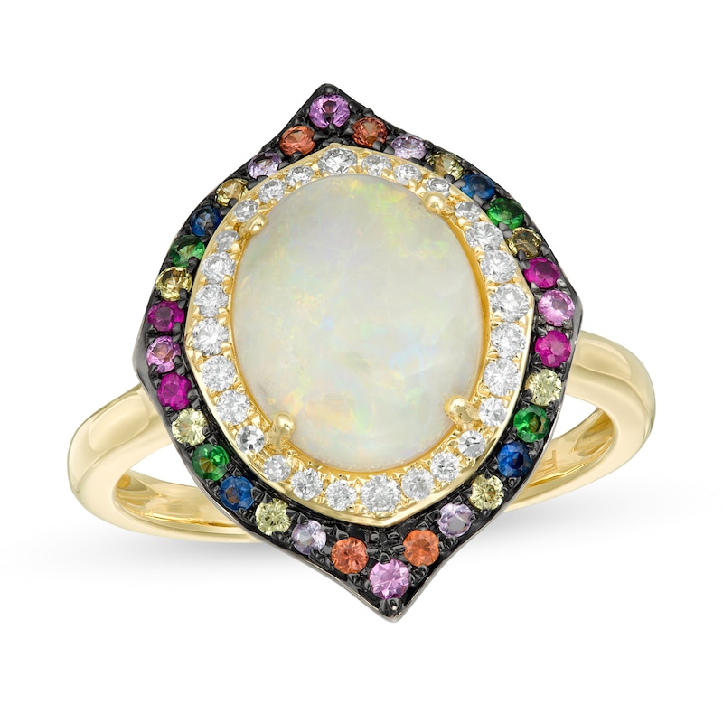 Main Image 1 of EFFY™ Collection Oval Opal, Multi-Gemstone and 1/6 CT. T.W. Diamond Double Frame Ring in 14K Gold
